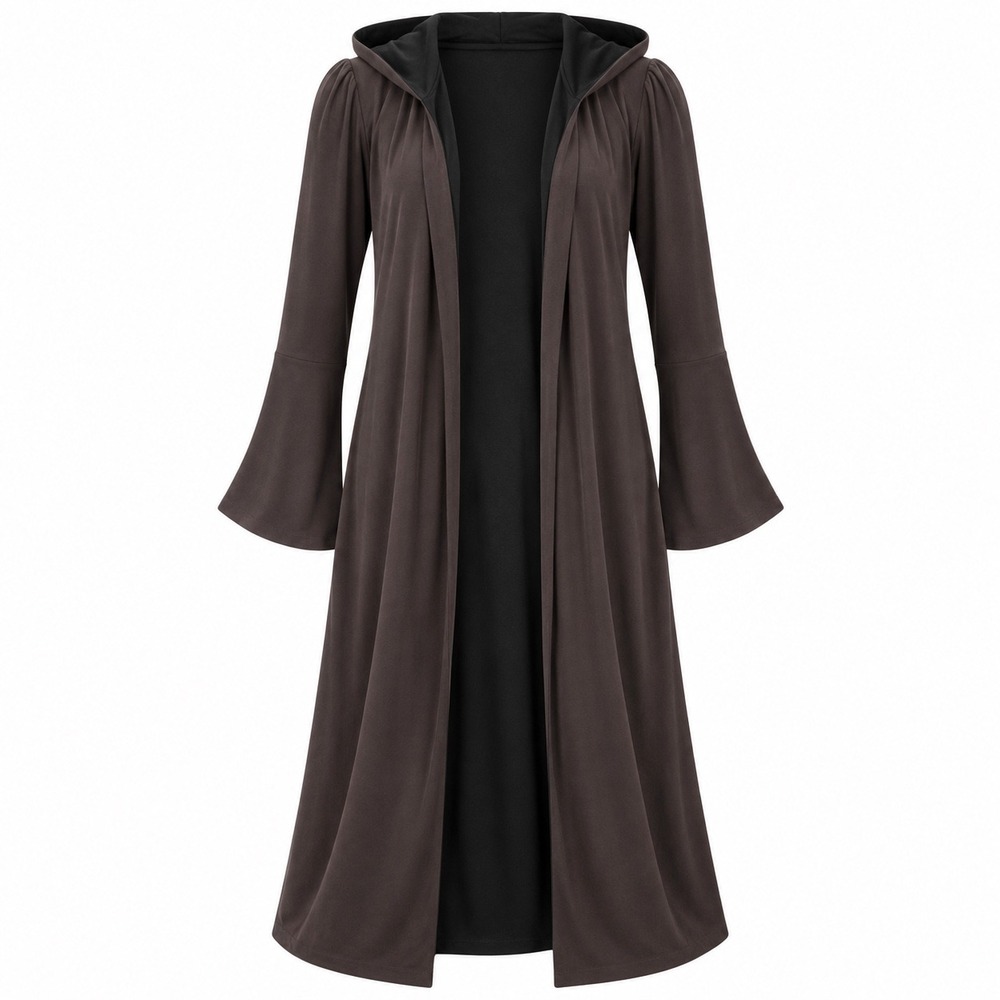 Dramatic Womens Cardigan Duster Hooded Bell Sleeve Gothic Witchy Brown Black
